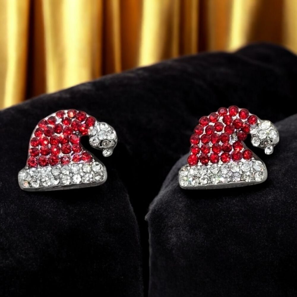 Rhinestone Santa Hat Holiday Earrings🎄Red Festive Christmas Jewelry Pierced Ear